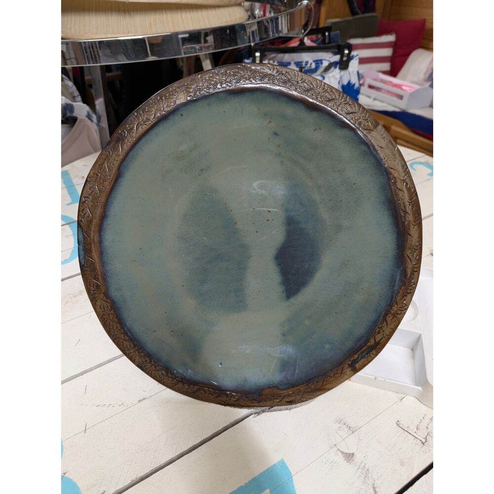 Handmade Studio Pottery Platter 15" Round Etched Rim Earthy Glaze Stoneware